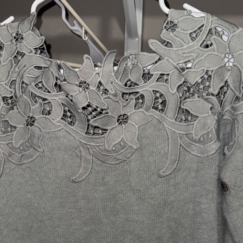 Vici Light Gray Floral Applique Crewneck Sweater